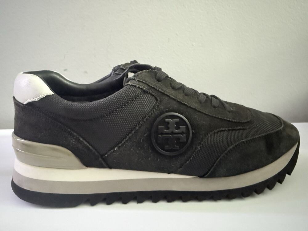 Tory Burch Women’s Sawtooth Logo Sneakers Black Suede Lace-Up Size 9